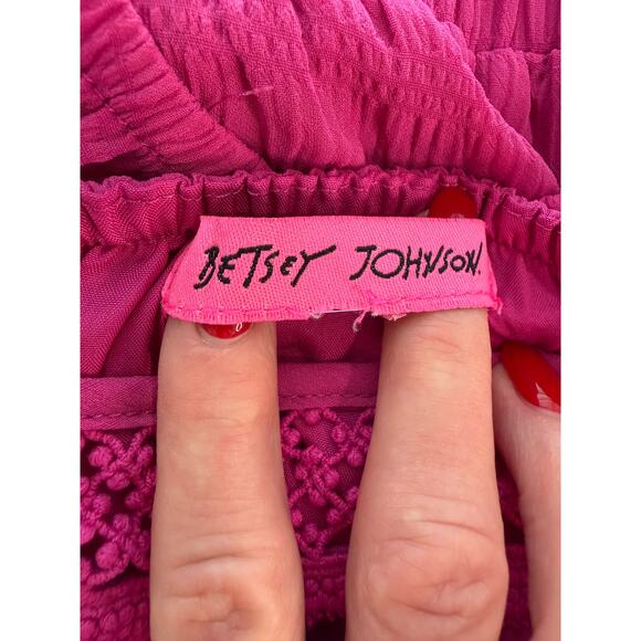 Betsey Johnson Pink Sleeveless Dress Ruffle Smocked Waist Crochet Women’s M EUC - Picture 4 of 5